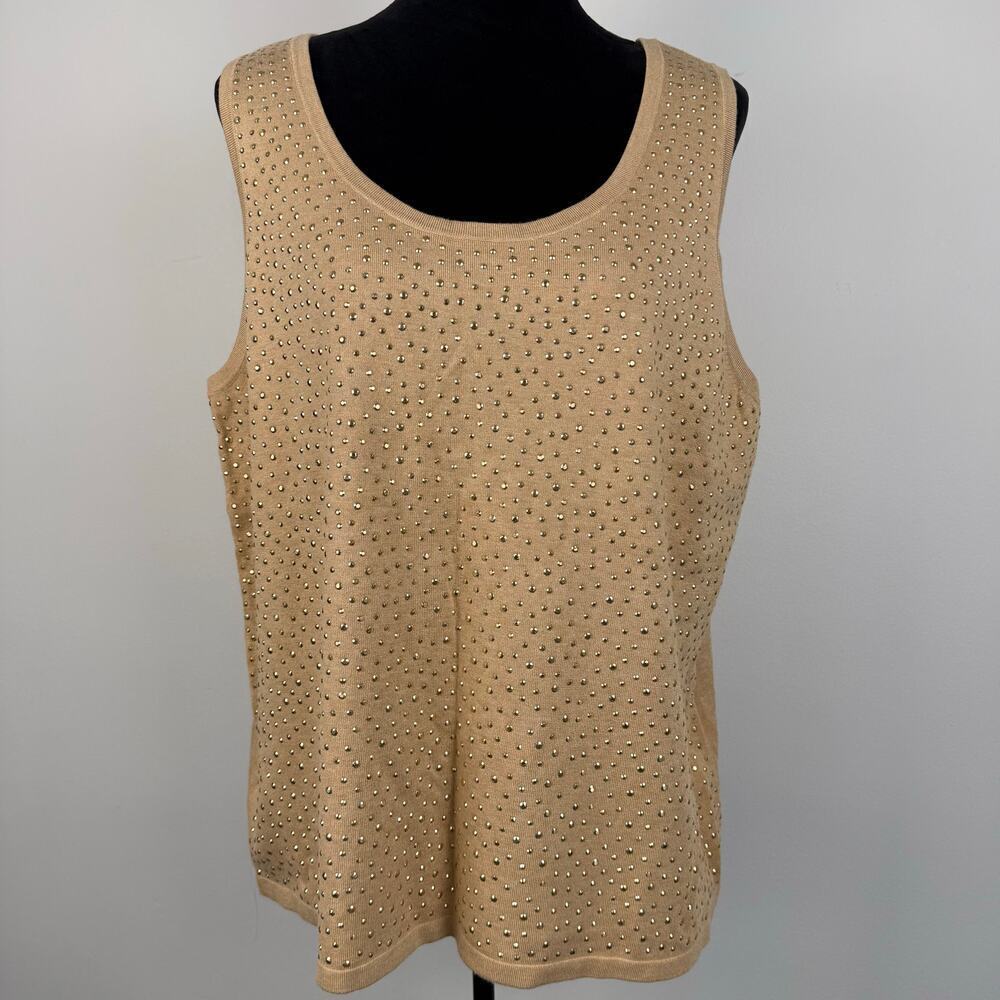 Chico's Khaki Sweater Tank Heatset Rhinestone Pullover Scoop Neck Plus Size NEW